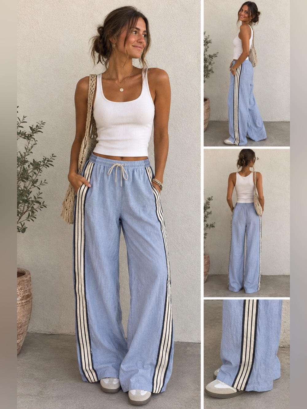 White Closet Elements Stripe Wide Leg Flowy Pants Lightweight Medium
